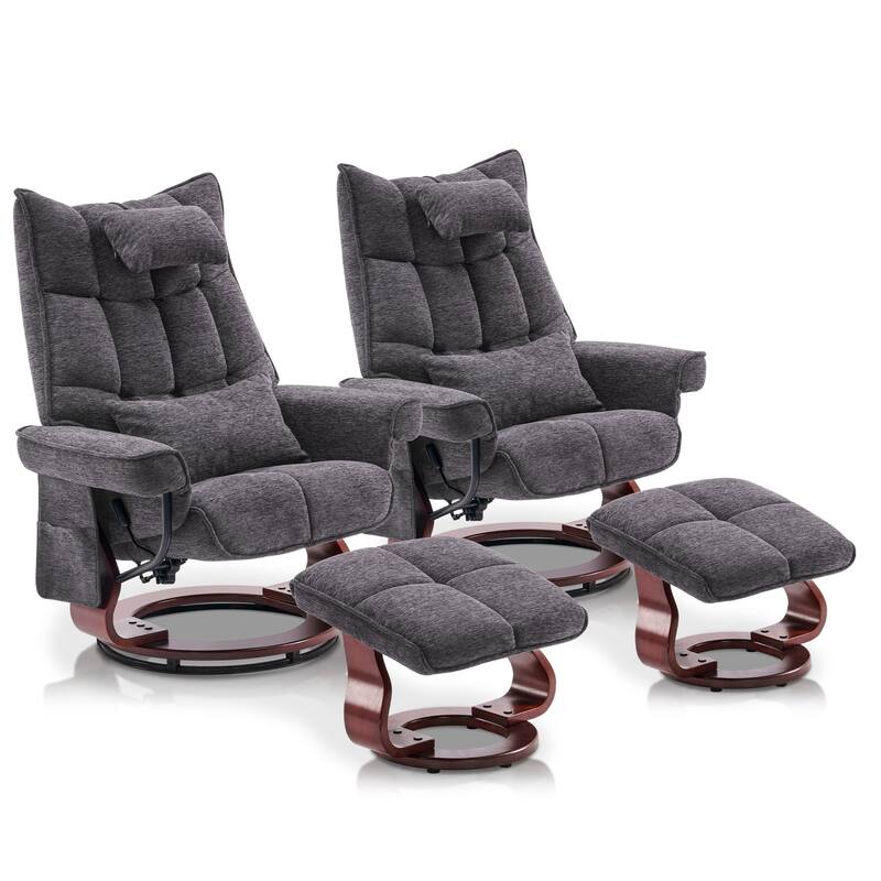 MCombo Set of 2 Swivel Recliner with Ottoman and Neck Pillow,Chenille Fabric - Grey