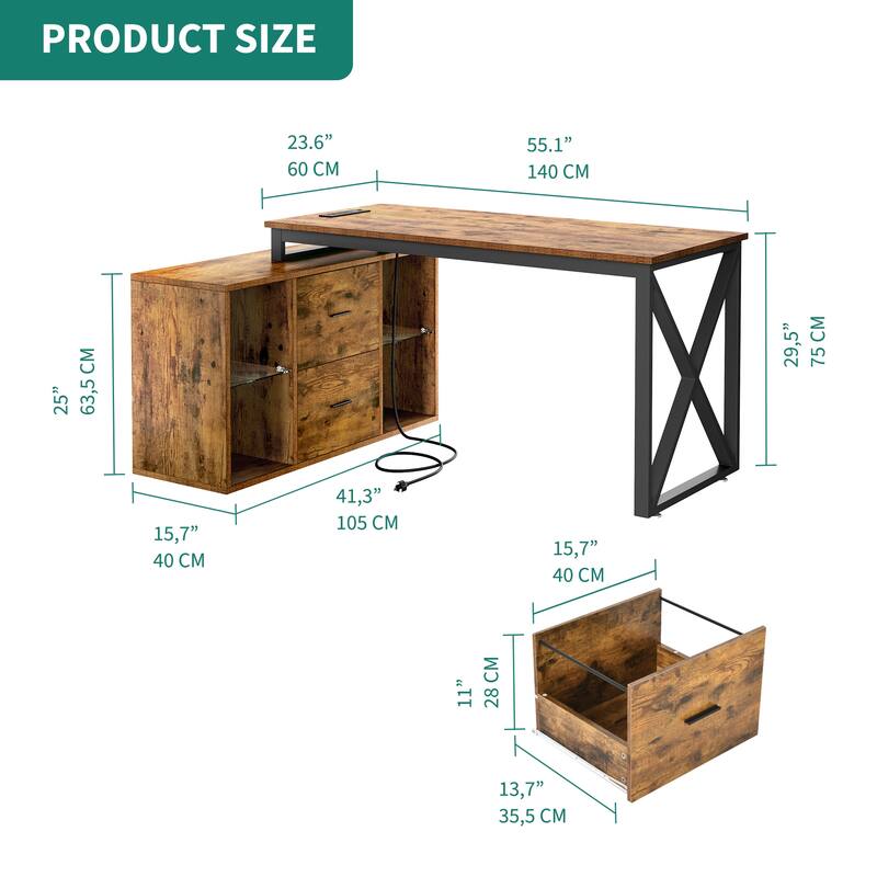 Moasis 55" Reversible L Shaped Gaming Desk with Power Outlets & LED Light Corner Computer Desk with Filing Cabinet