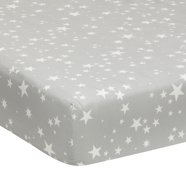 slide 2 of 4, Lambs & Ivy Milky Way Gray/White Stars 100% Cotton Baby Fitted Crib Sheet