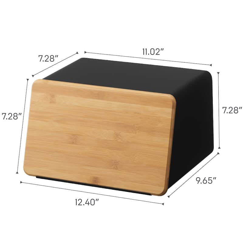 Yamazaki Home Bread Box with Cutting Board Lid, Steel and Wood, Lid - L 9.65 x W 12.4 x H 7.28 inches
