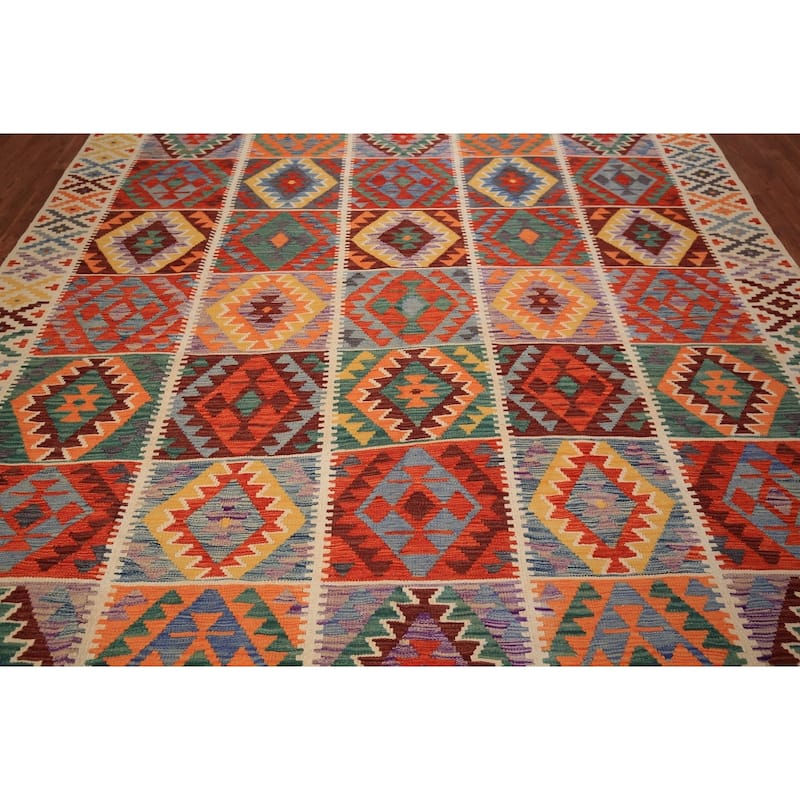 Colorful Geometric Kilim Oriental Area Rug Flatweave Wool Carpet - 8'5" x 11'9"