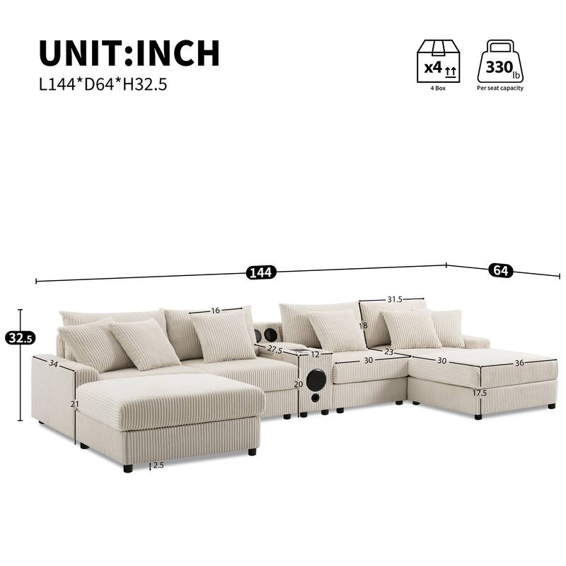 U-Shaped Cloud Corduroy Sectional Sofa with Console, Cup Holders, Bluetooth Speakers, Charging, Storage Ottoman, Deep Seats Sofa
