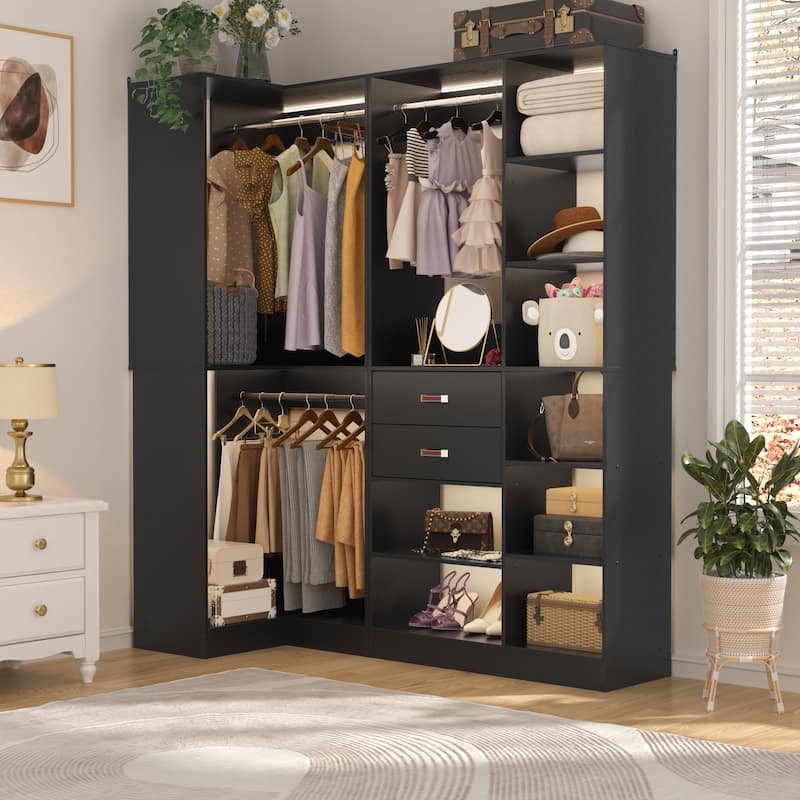Vryon Set of 2 Corner Closet Organizer, 70.9'' W Closet System with Drawers and Hanging Rods - Tower Organizer - Black