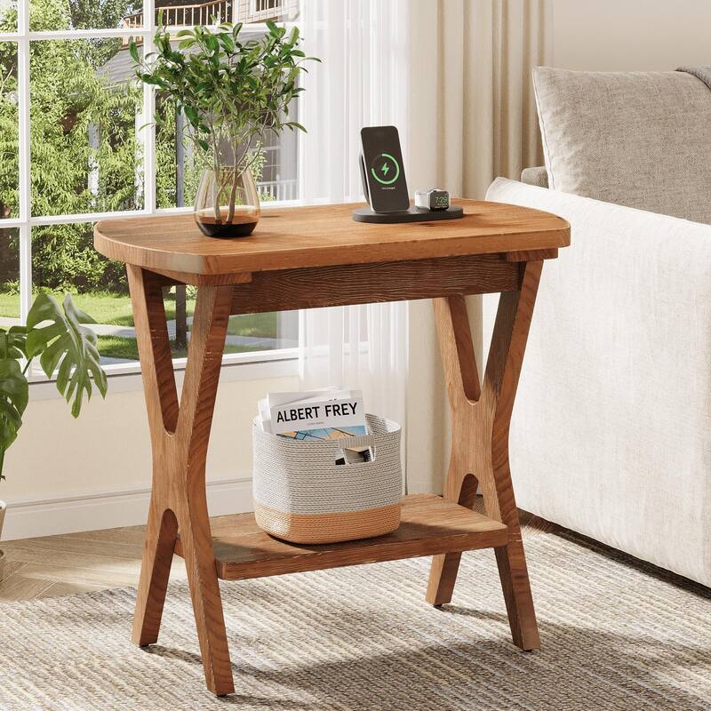 2-Tier Solid Wood Side Table with Storage