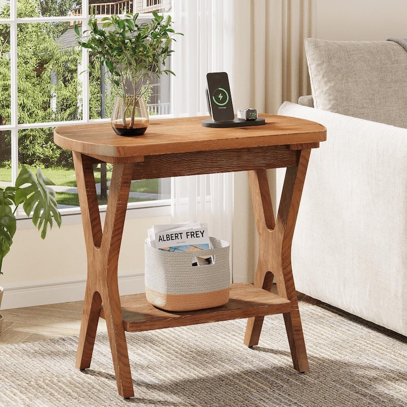 Solid Wood Side Table with Storage Shelf - Brown - 1-Piece