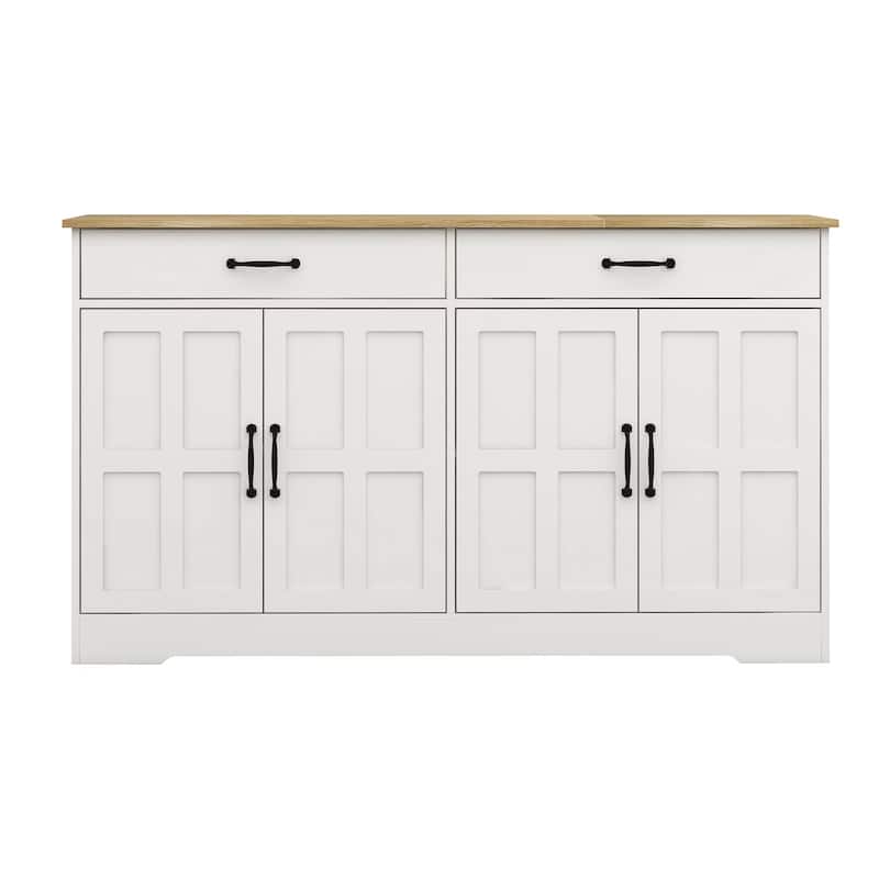 55.91" Large Farmhouse Buffet Cabinet Storage Sideboard with 2 Drawers and 4 Doors for Dining Living Room Kitchen Cupboard-White