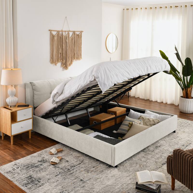 Hydraulic Storage Upholstered Bed with Headboard - Beige - King