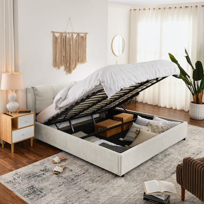 King Size Storage Upholstered Hydraulic Platform Bed with Integrated Headboard, Chenille Fabric