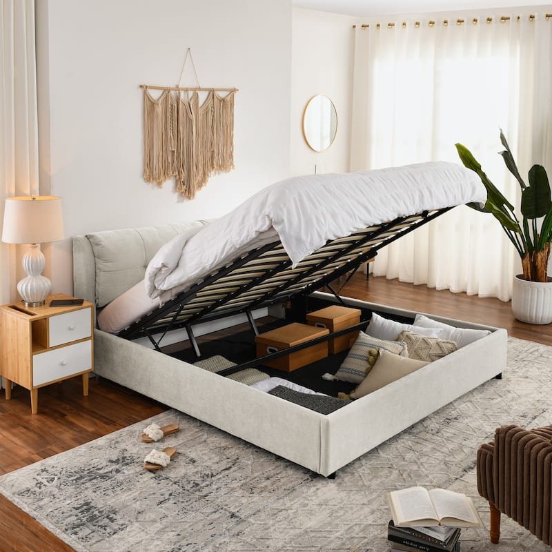 Storage Upholstered Hydraulic Platform Bed with Integrated Headboard - Beige - King