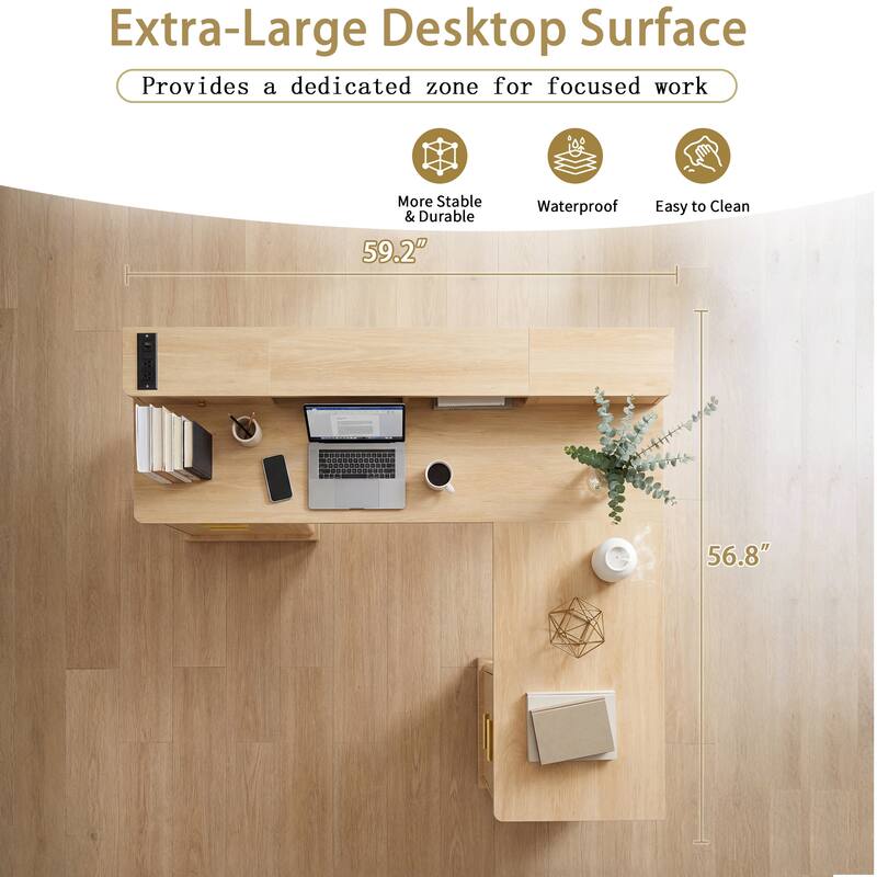 59" Modern Fluted L-Shaped Desk with Charging Station & Storage Cabinet Home Office Computer Desk with Monitor Stand