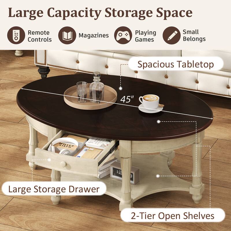 45'' Vintage Oval Coffee Table With Drawer And Storage Shelf, Cocktail Table , Elegant Accent Table For Living Room.