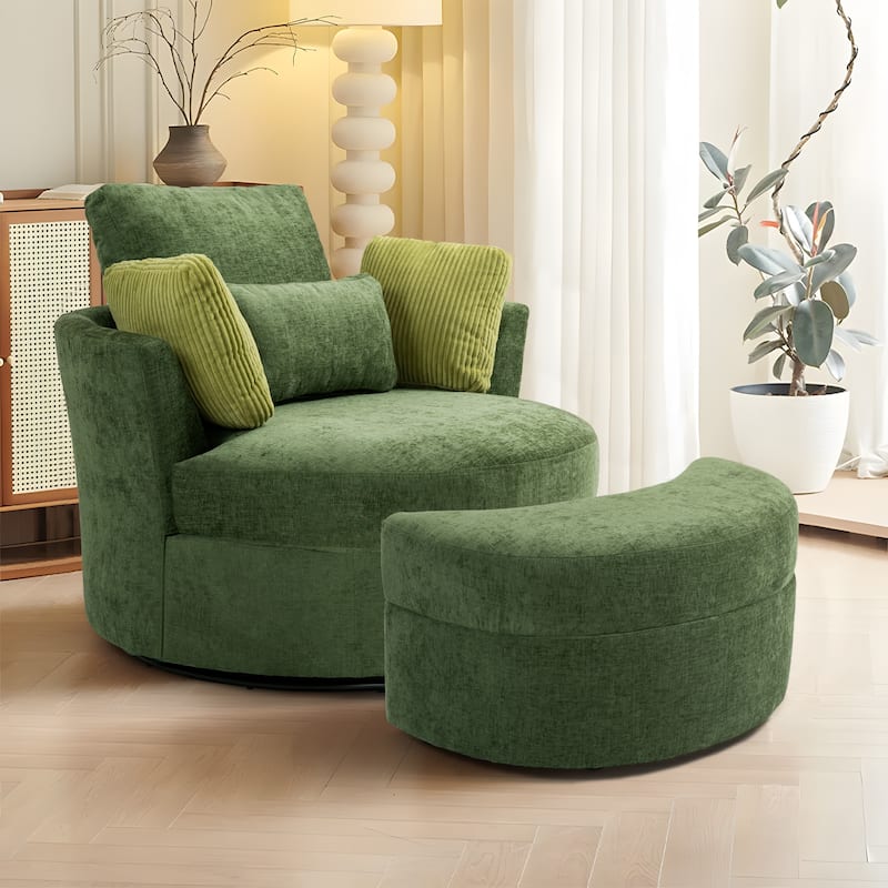 41" W Oversized Accent Barrel Swivel Chair with Moon Storage Ottoman - Set of Chair with Ottoman - Green Chenille/Corduroy Pillows