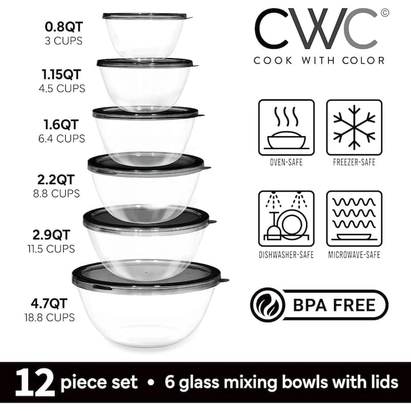 COOK WITH COLOR 12 Pc Glass Nesting Mixing Bowl Set with Lids for Cooking and Prep