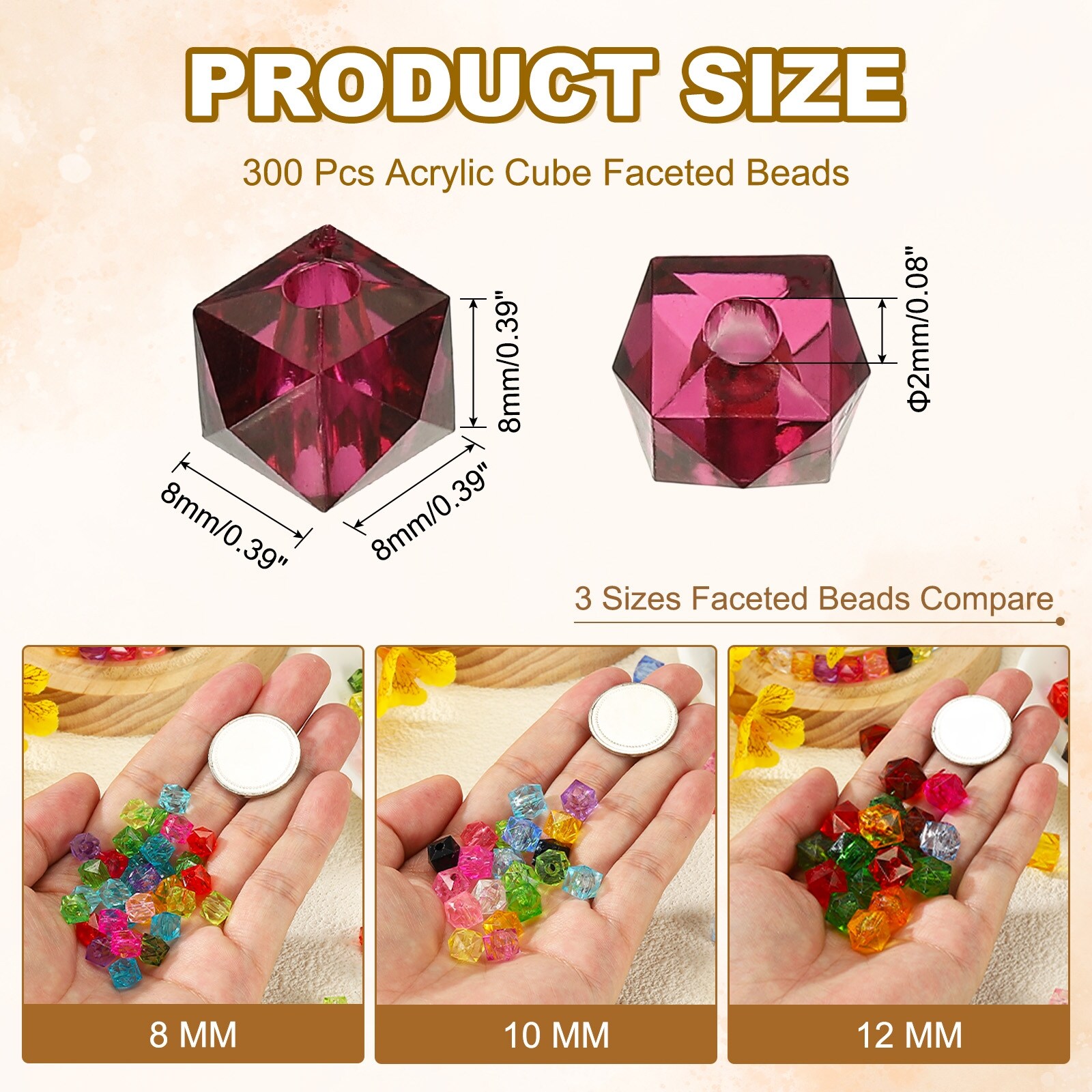 8mm Acrylic Cube Faceted Beads, 300 Pcs Diamond Spacer Beads, Black