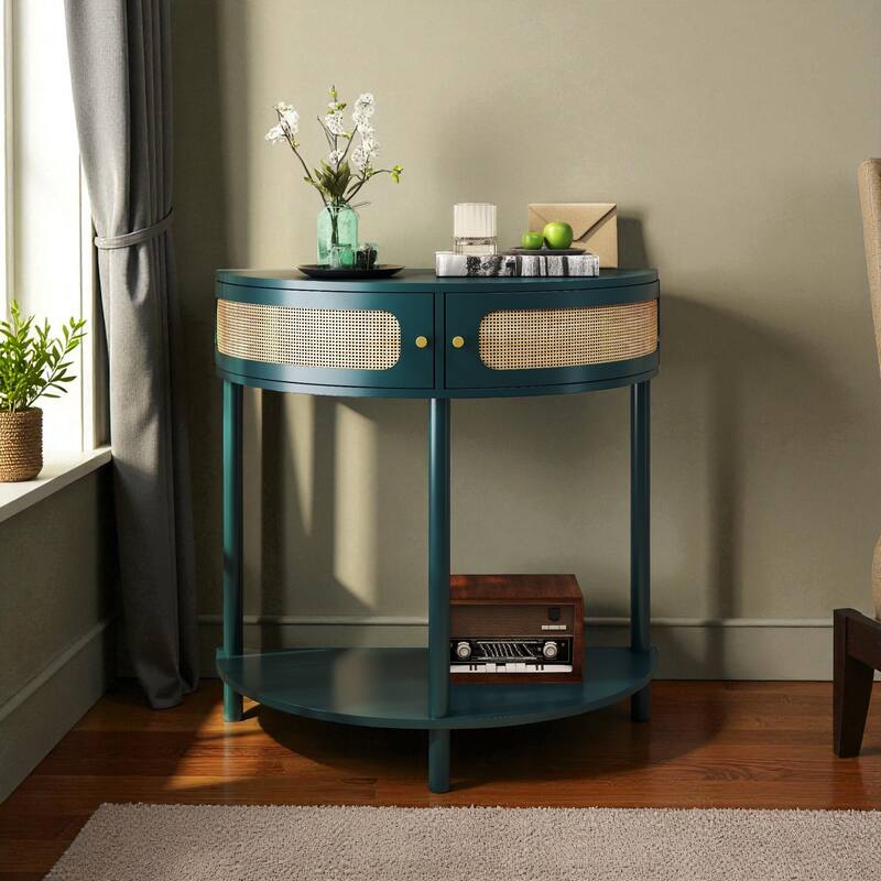 31.5" Half Moon Console Table with Sliding Rattan Doors, 2 Storage Cabinets and Bottom Shelf for Entryway or Living Room - Antique Green