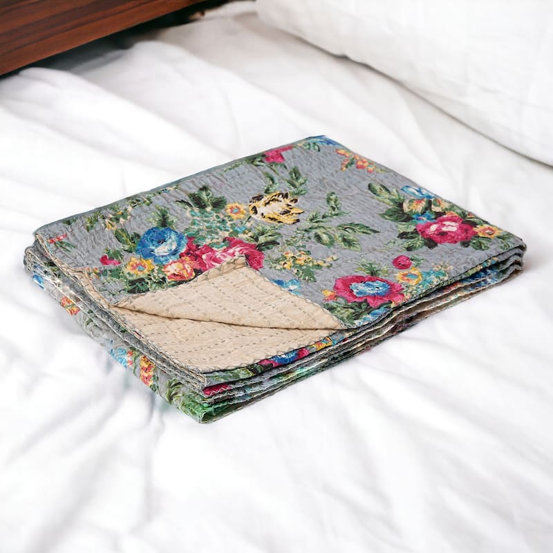 HomeRoots 50" X 70" Pink Gray and Blue Kantha Cotton Floral Throw Blanket with Embroidery