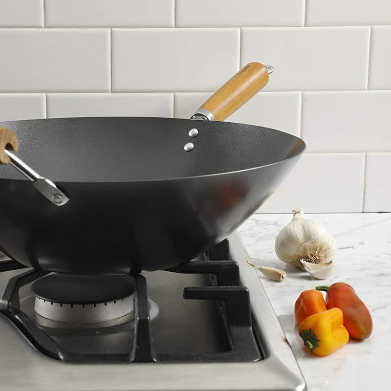 Kenmore Hammond 14 Inch Flat Bottom Carbon Steel Wok in Black
