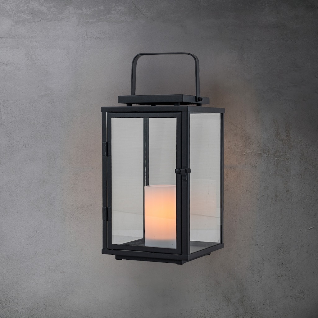 CraftHome H12 Inch Modern Solar Black Outdoor Lantern with Flickering LED Candle Lantern with Tempered Glass, Minimalist Lantern