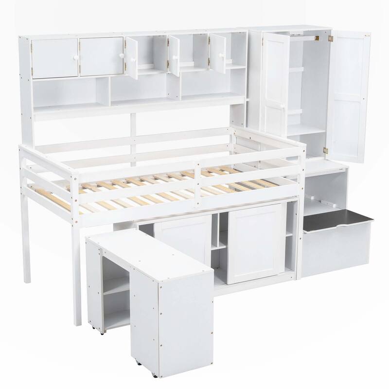 Twin Size Wooden Loft Bed Big Storage with Under bed Desk