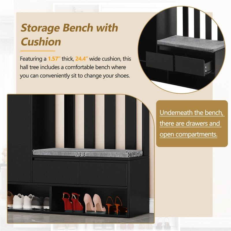 Multifunctional Hall Tree with Shoe Storage Bench, Cabinet & Drawers, Modern Coat Rack with 4 Hooks, Shoe Cabinet with Pegboard