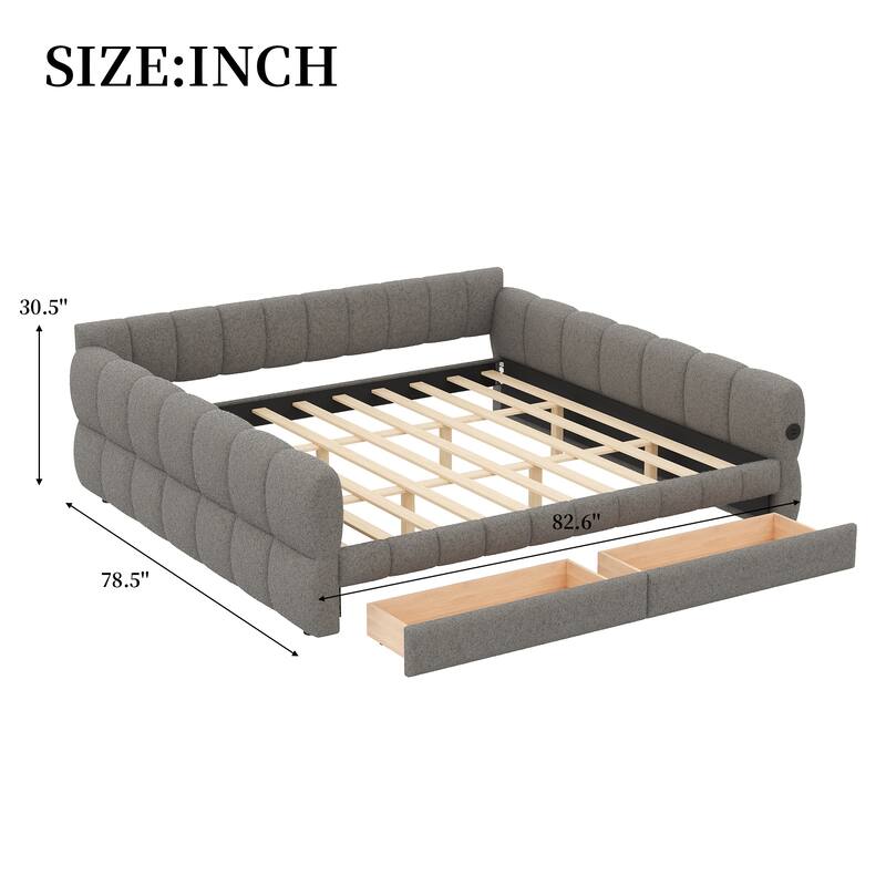 Upholstered Daybed with USB and Optional Platform Storage Bed with 2 Storage Drawers or Low Profile Sofa Bed with Trundle Bed