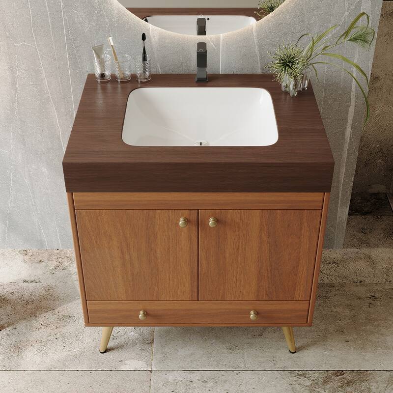 Free-standing Bathroom Vanity with Faux Marble Top & Ceramic Sink, 30" Double Door Storage Cabinet, Waterproof Engineered Wood