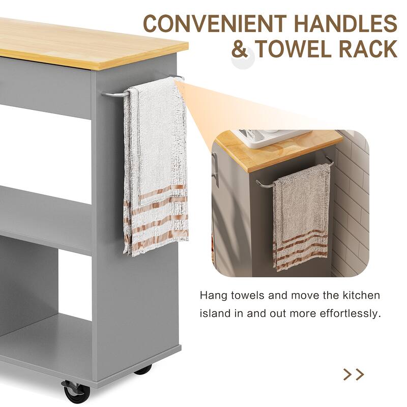 Kitchen Island with Towel Rack – Mobile Cart with Rubber Wood Top, Easy-Glide Storage