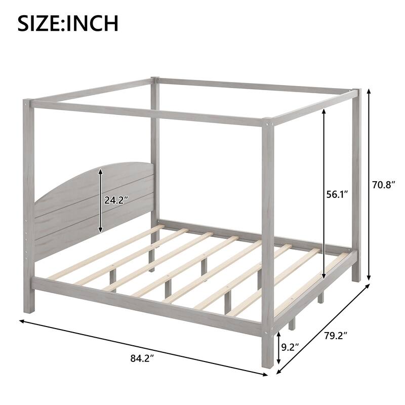 Grey Wash King Size Canopy Platform Bed with Headboard and Support Legs