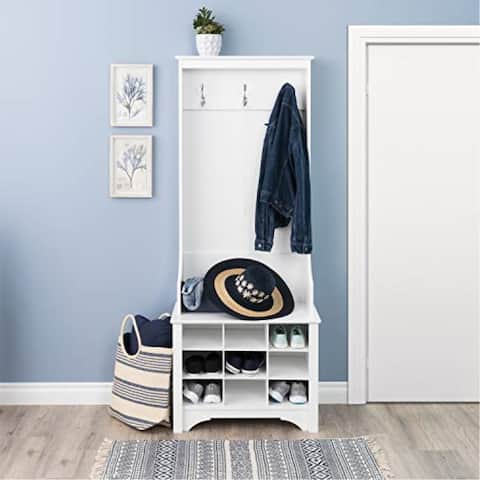 Narrow Hall Tree with 9 Shoe Cubbies, White