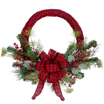 Red and Black Buffalo Plaid and Berry Artificial Christmas Wreath - 24-Inch Unlit - 24"
