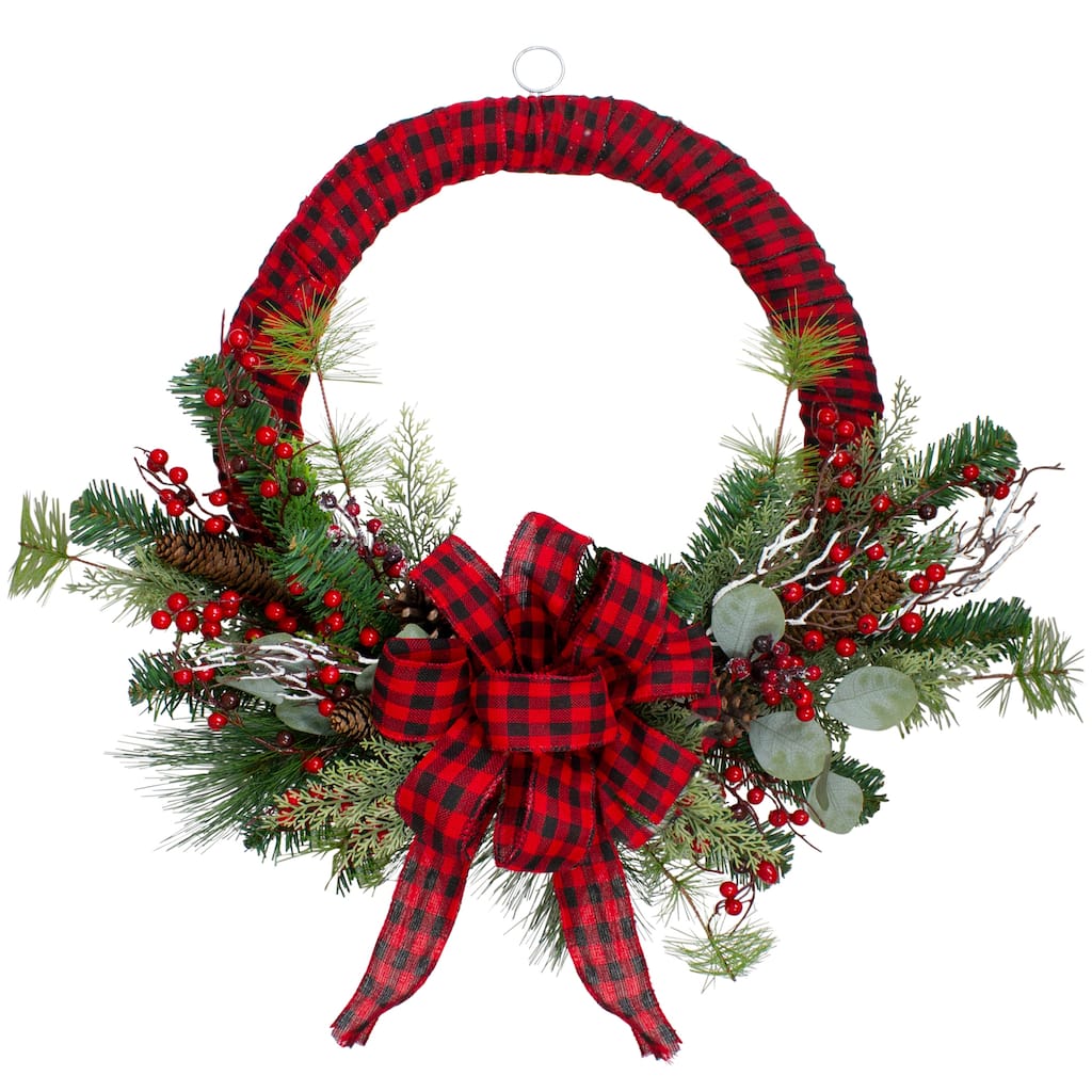 Red and Black Buffalo Plaid and Berry Artificial Christmas Wreath - 24-Inch Unlit - 24"