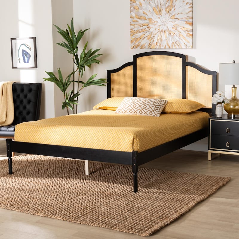Librina Classic and Traditional Black Finished Wood Queen Size Platform Bed with Woven Rattan