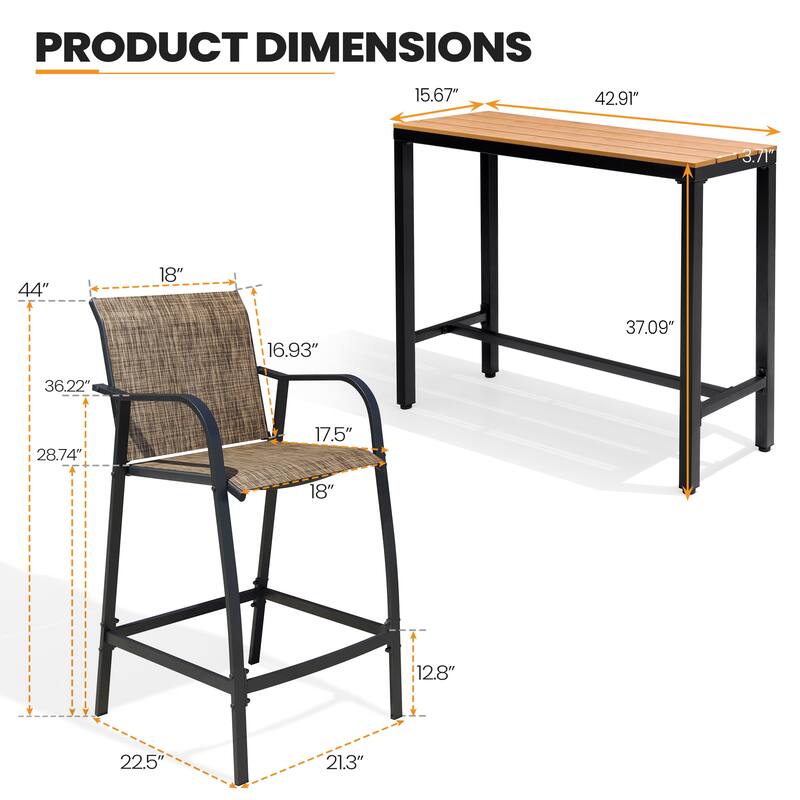 Outdoor Patio Bar Stools Set Rectangle Bar Table with Barstools