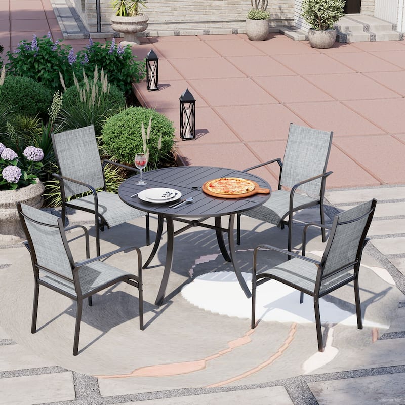 5/7/9-Piece Outdoor Patio Dining Set with Stackable Textilene Chairs and Slatted Table, Furniture with Adjustable Umbrella Hole