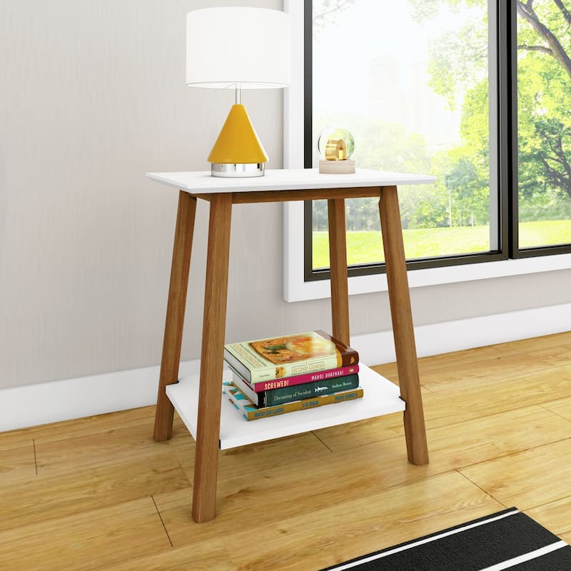 Max and Lily Mid-Century Modern End Table Nightstand with Shelf - Pecan/White