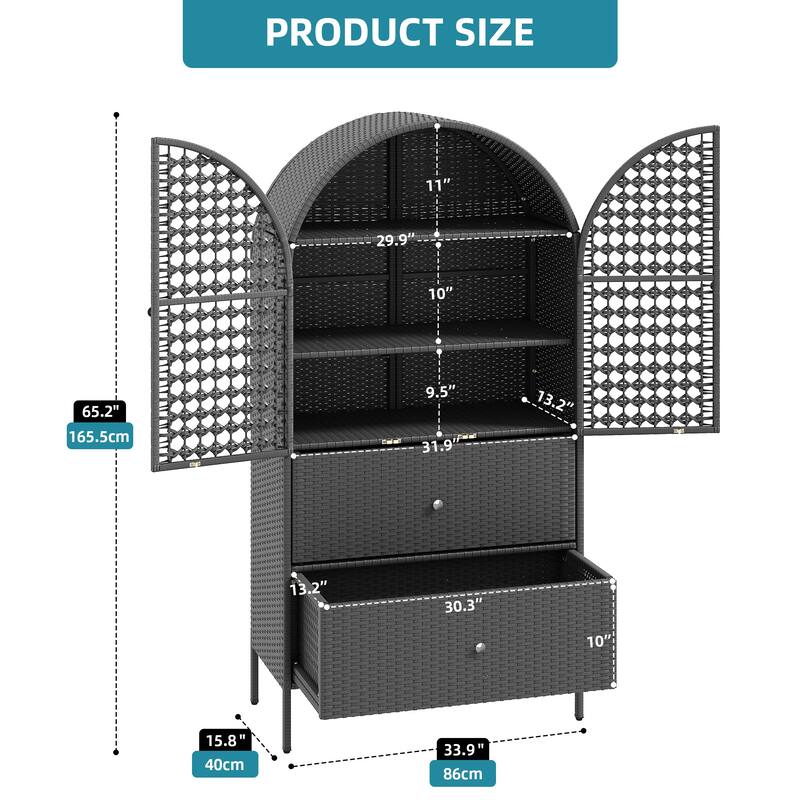 Moasis 65 Inch Wicker Arched Kitchen Pantry Cabinet For Indoor and Outdoor