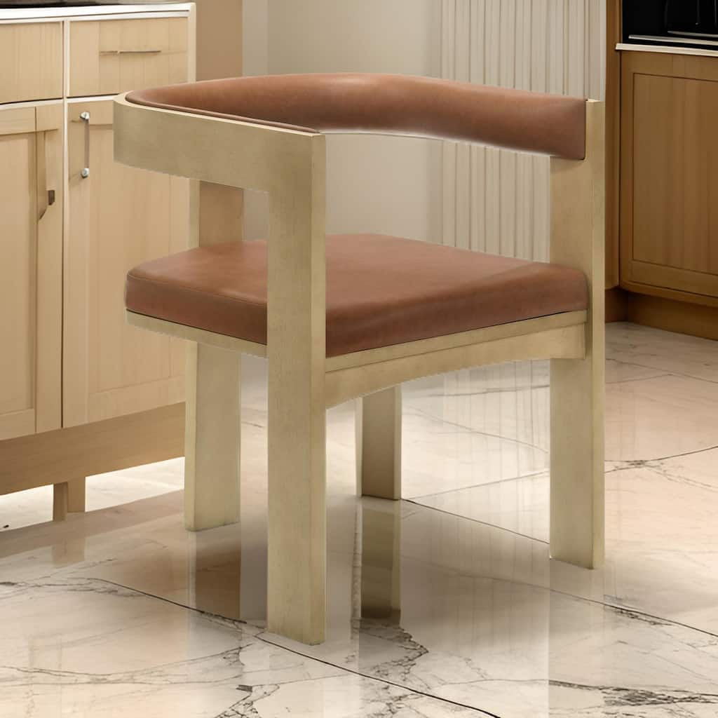 23 Inch Dining Chair, Cushioned, Curved Open Back, Oak Brown, Upholstery