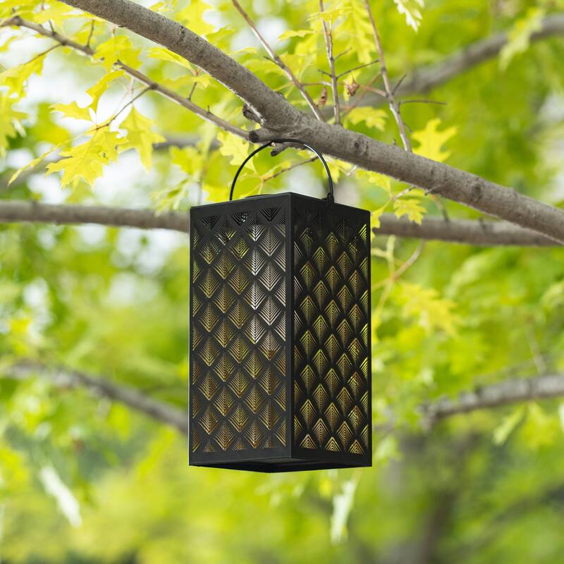Glitzhome 11"H Black Metal Cutout or Square Textured Glass Pattern Solar Powered Hanging Lantern with LED Light