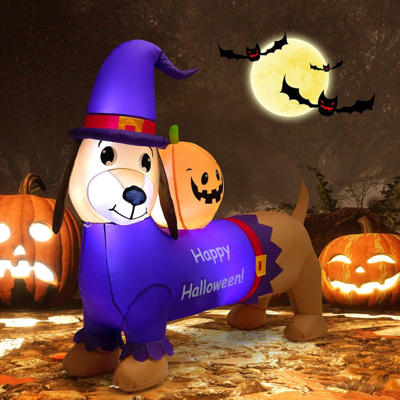 Gymax 5FT Inflatable Halloween Dachshund Dog & Ghost Pumpkin Holiday