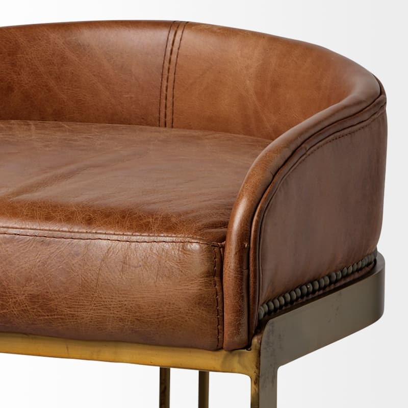 Hollyfield Medium Brown Genuine Leather Seat with Gold Metal Frame Counter Stool - 29.0