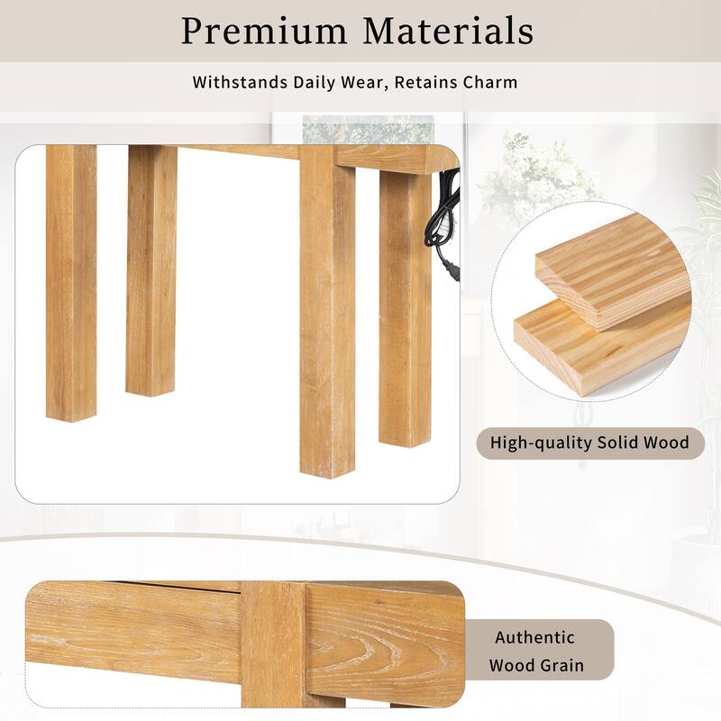 Rustic Minimalist Console Table with Hidden Drawer & Power Outlet, Solid Wood Entryway Table for Living Room & Home Office