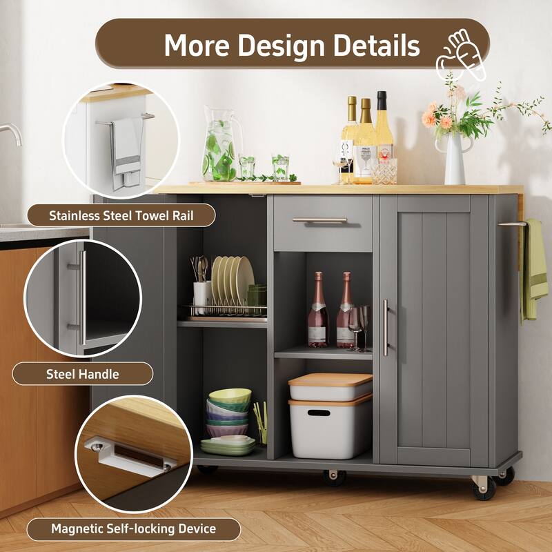 Rolling Kitchen Island Cart with Open Shelf & Drop Countertop - N/A