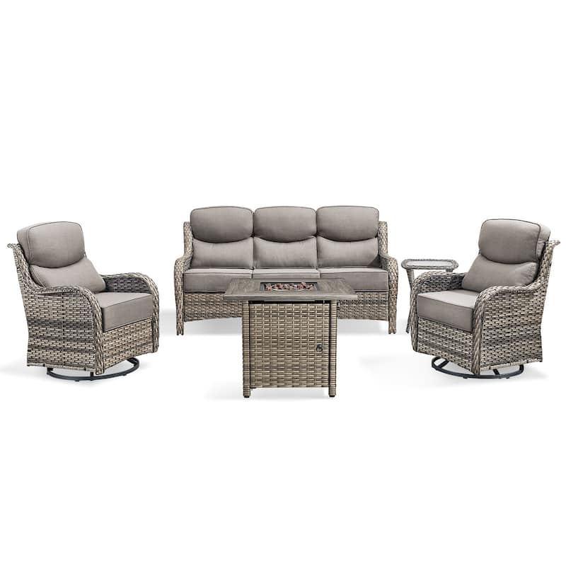 Pocassy 5 Pieces Outdoor 6" Sofa Swivel Chair with Fire Pit Table