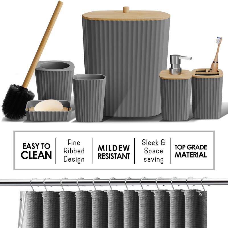 Empyrean Bamboo Bathroom Accessories Set with Shower Curtain Set, Toilet Brush, Trash Can & Soap Dispenser