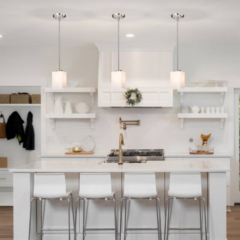 Brushed Nickel 1-Light Modern Mini Pendant with Pyramid Shaped Etched White Glass Shade