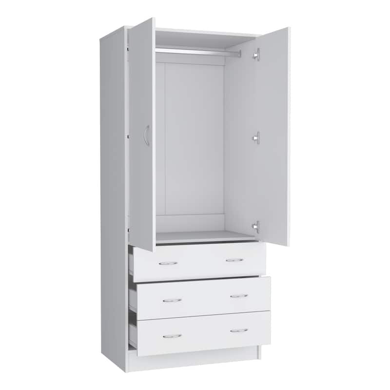 19" Modern Double-door Armoire with Integrated Hanging Rod and Storage Drawers