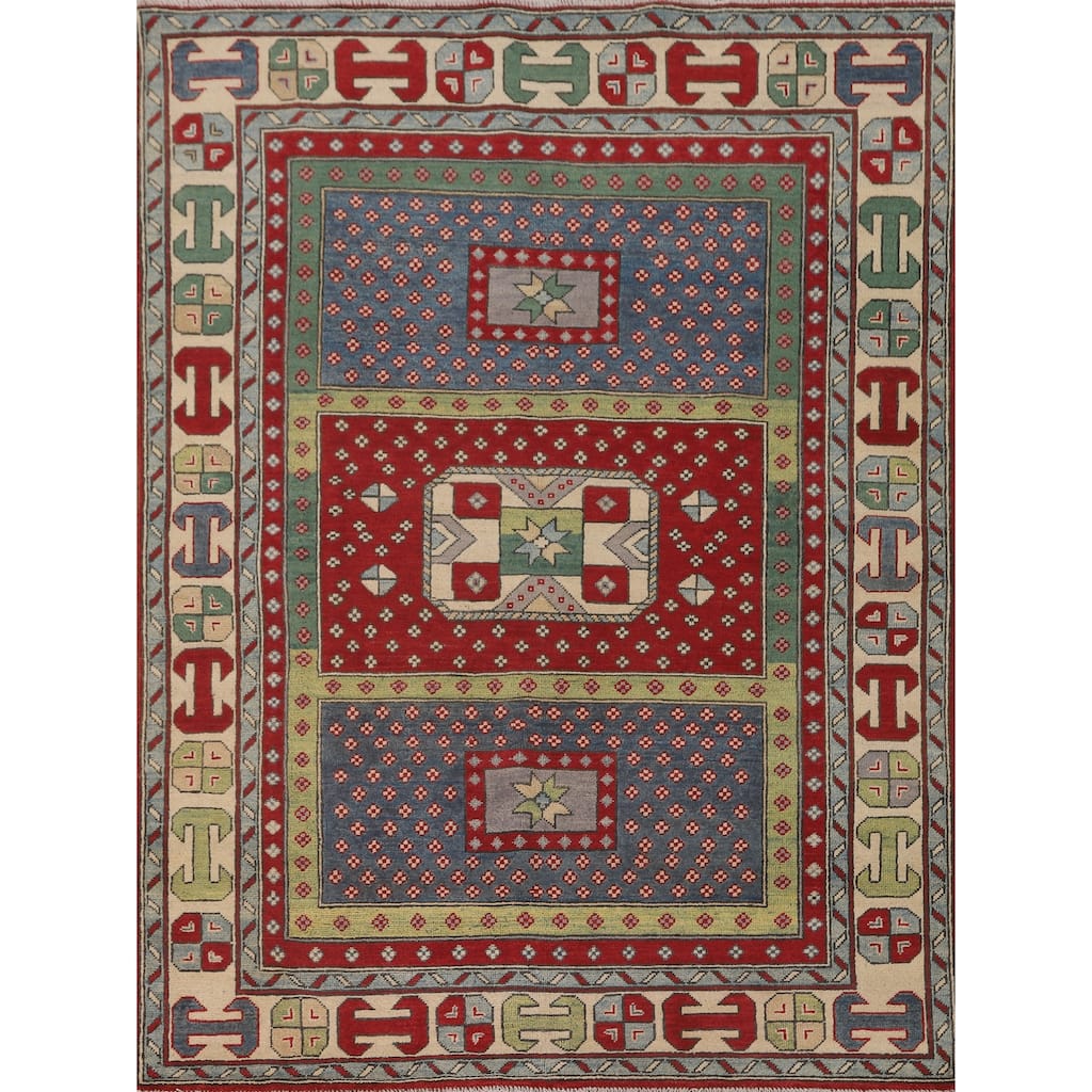 Geometric Kazak Area Rug Hand-Knotted Wool Carpet - 5'0" x 6'5"