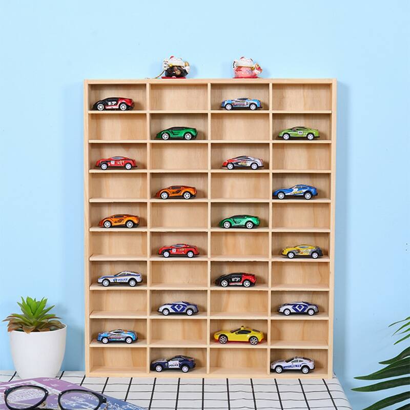 40 Compartment Wooden Display Case for 1 64 Toy Cars Wall Mounted or Countertop Storage Organizer Hardwood Shelf