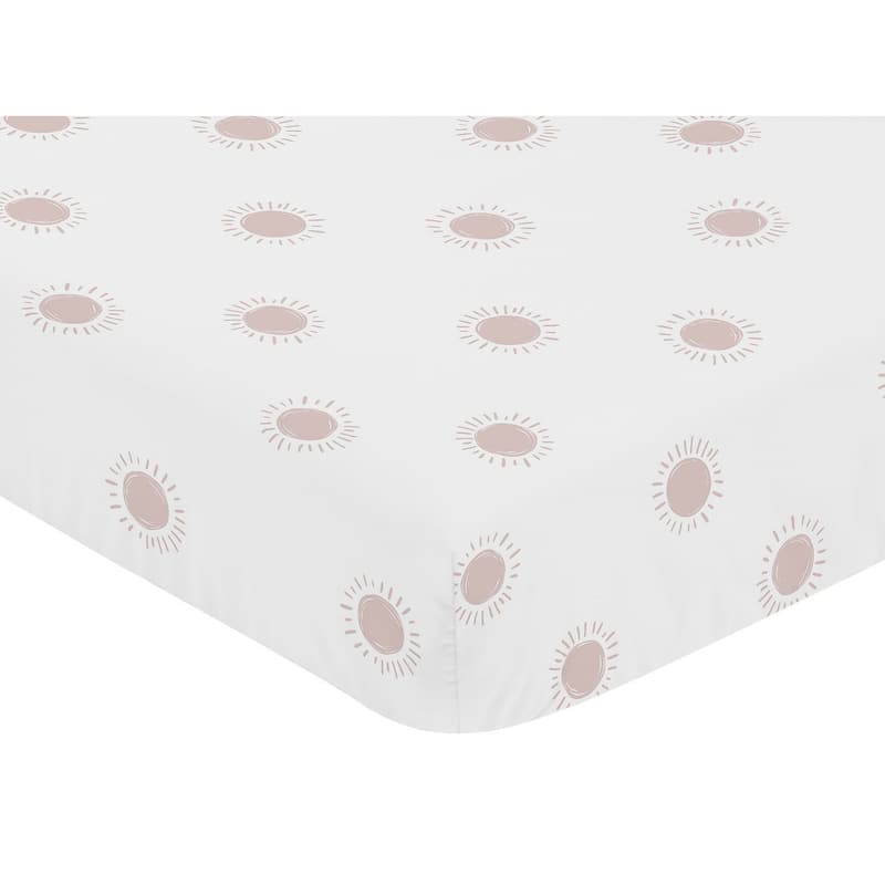 White Pink Boho Sun Collection Girl Fitted Crib Sheet - Mauve Dusty Rose Bohemian Celestial Sky Desert Sunshine Outdoors Nature