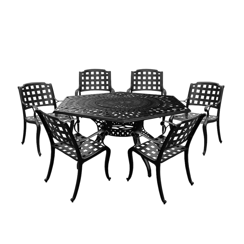 Modern Ornate Outdoor Mesh Aluminum 63-in Large Hexagon Patio Dining Set with Lazy Susan and Six Chairs